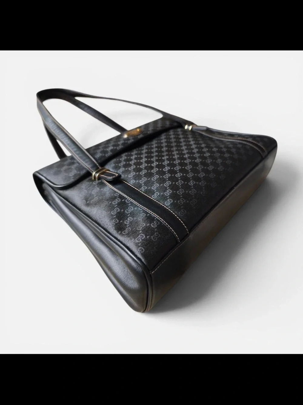 Gucci Black Monogram Satchel with Gold-Tone Oval Emblem